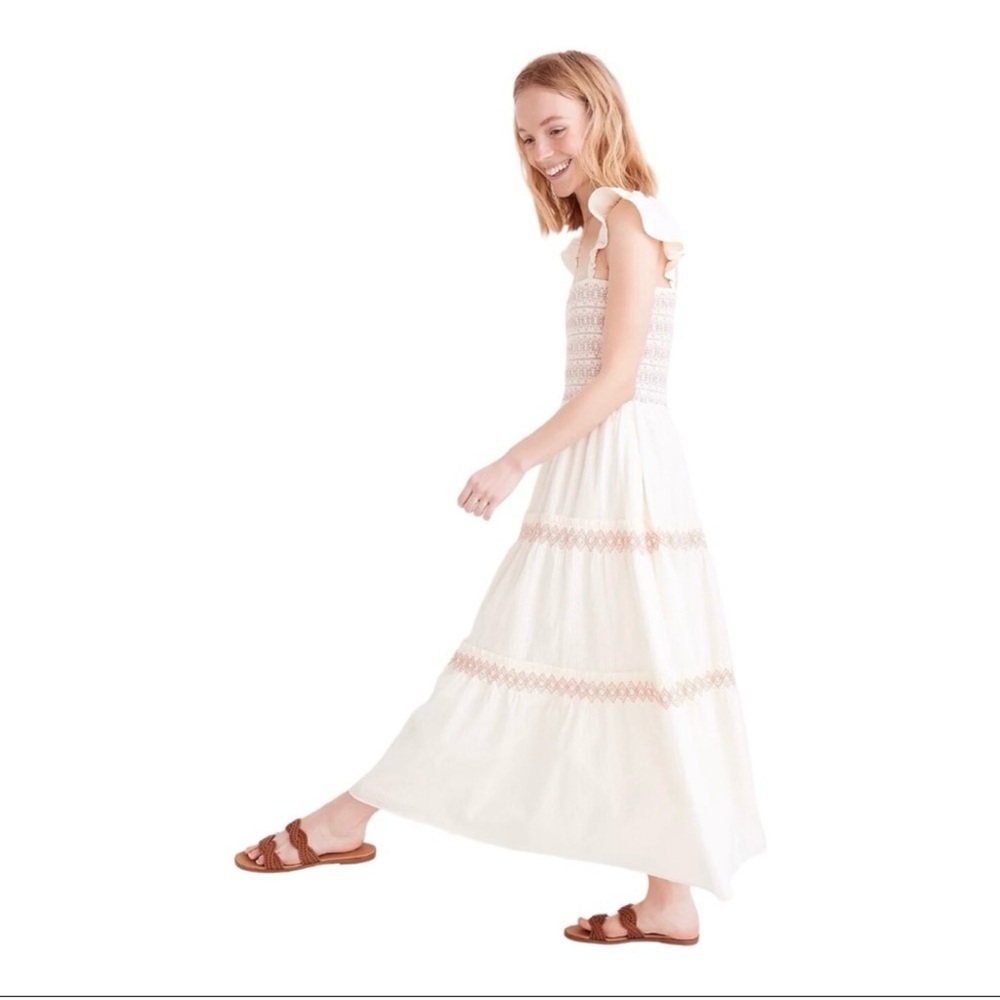 Madewell ivory Lucie smocked tiered midi dress ivory embroidered size medium